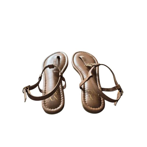 NY&C Flat Sandals Size 7 Brown Ankle Strap Logo - Picture 4 of 5